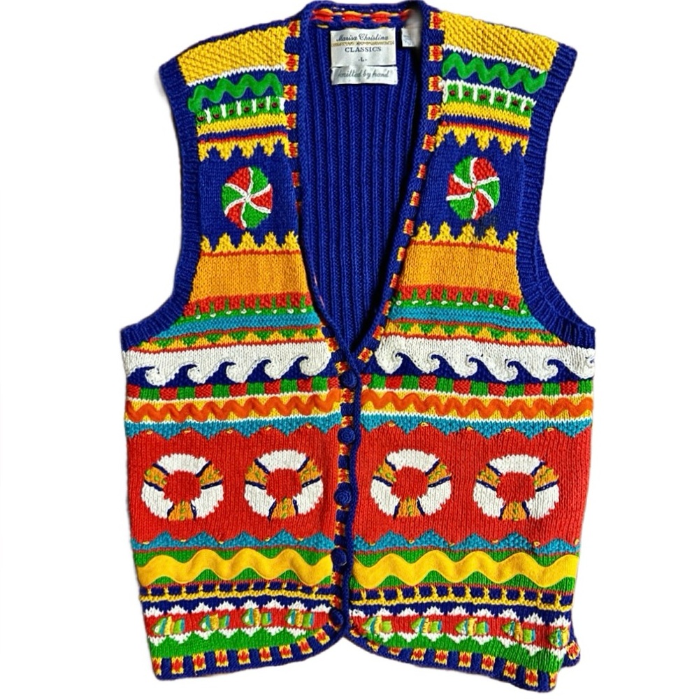 Marisa Christina ~ Large ~ Hand Knitted ~ Orange/Yellow/Blue ~ Ocean/Fish ~ Vest - Picture 2 of 16